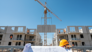 Canteiro de obras moderno com guindaste montando estruturas pré-moldadas de concreto, com blueprint em primeiro plano.