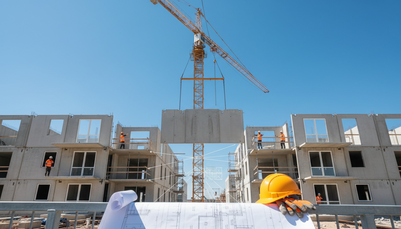 Canteiro de obras moderno com guindaste montando estruturas pré-moldadas de concreto, com blueprint em primeiro plano.