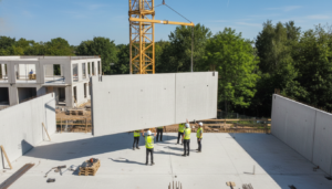 Canteiro de obras com pré-moldados sustentáveis e guindaste