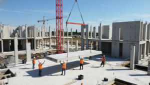 Guindaste posicionando uma laje de pré-moldado de cimento em um canteiro de obras moderno com trabalhadores