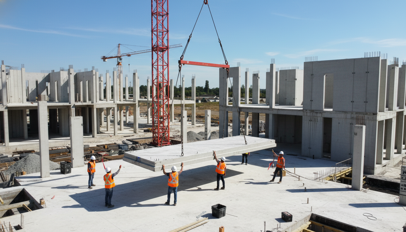 Guindaste posicionando uma laje de pré-moldado de cimento em um canteiro de obras moderno com trabalhadores