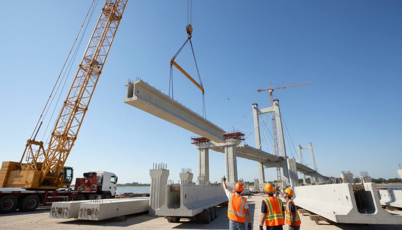 Pré-moldados de cimento sendo montados em obra, construção rápida e eficiente