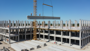 Guindaste içando viga de concreto pré-moldado em canteiro de obras limpo e organizado