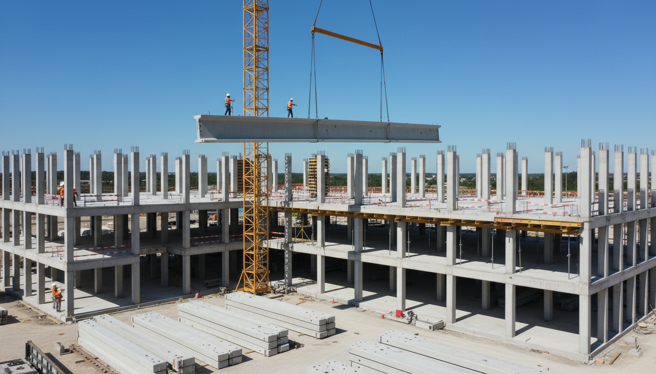 Guindaste içando viga de concreto pré-moldado em canteiro de obras limpo e organizado