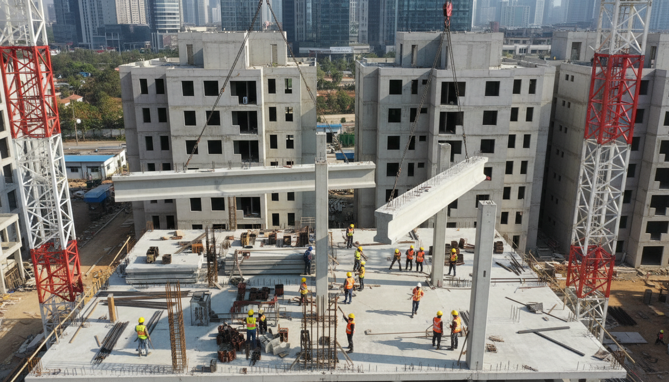 Guindaste instalando peça pré-moldada em obra, canteiro de construção eficiente, tecnologia pré-fabricada, elementos de concreto armado
