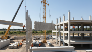 Guindaste instalando um painel pré-moldado de concreto em uma estrutura de edifício, destacando a rapidez e segurança da obra.