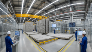 Elementos pré-fabricados de concreto sendo produzidos em fábrica de alta tecnologia com foco em qualidade e precisão.