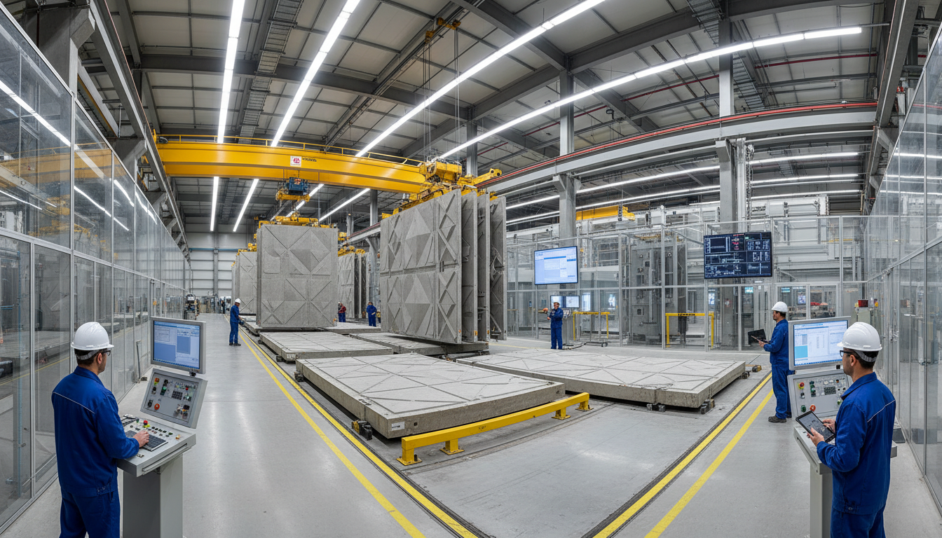 Elementos pré-fabricados de concreto sendo produzidos em fábrica de alta tecnologia com foco em qualidade e precisão.