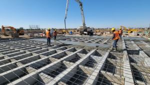 Canteiro de obras com equipe instalando laje treliçada
