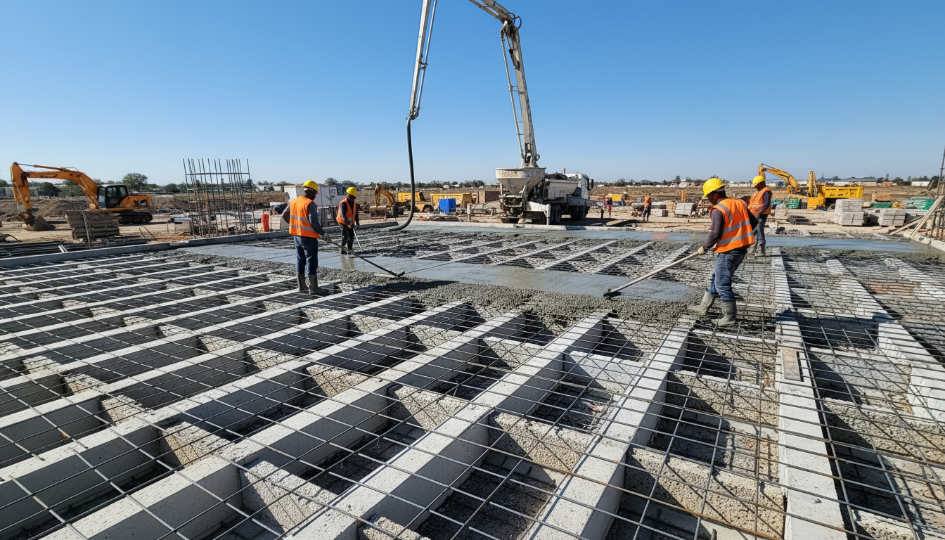 Canteiro de obras com equipe instalando laje treliçada